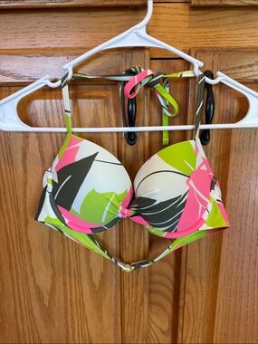 618 Aerie Perky Push-Up Bikini Top | Neon Tropical Floral Halter Swim Top 36B